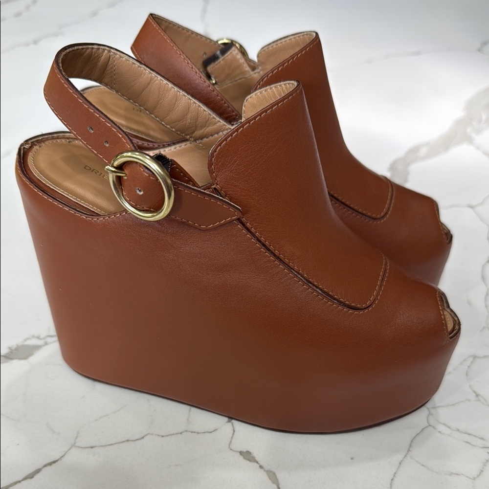 Dries Van Noten Tan Leather Wedge Sandals